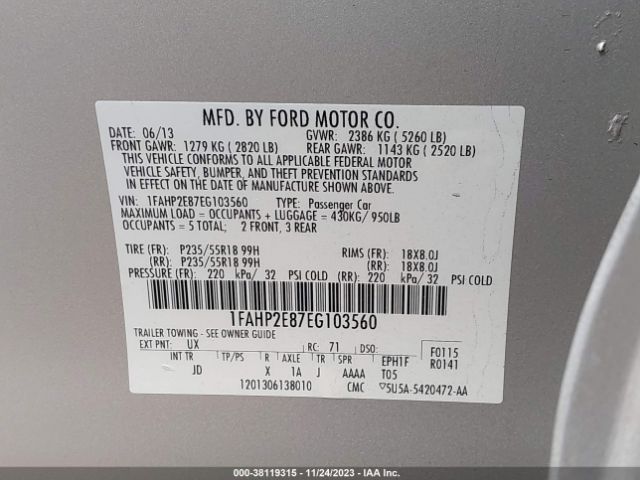 Photo 8 VIN: 1FAHP2E87EG103560 - FORD TAURUS 