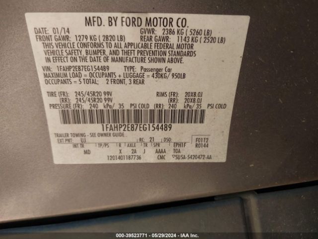 Photo 8 VIN: 1FAHP2E87EG154489 - FORD TAURUS 