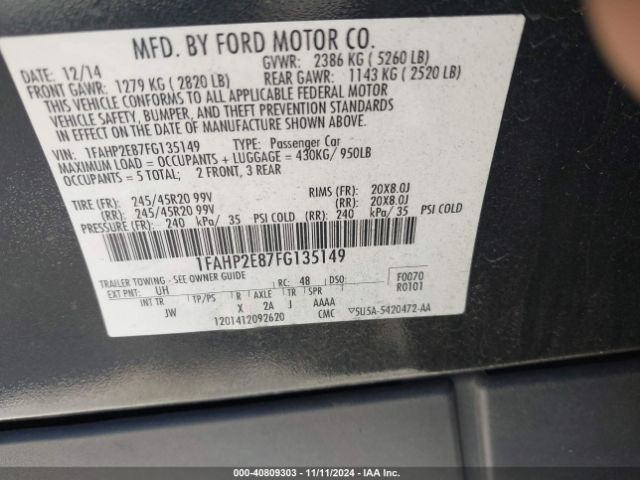 Photo 8 VIN: 1FAHP2E87FG135149 - FORD TAURUS 