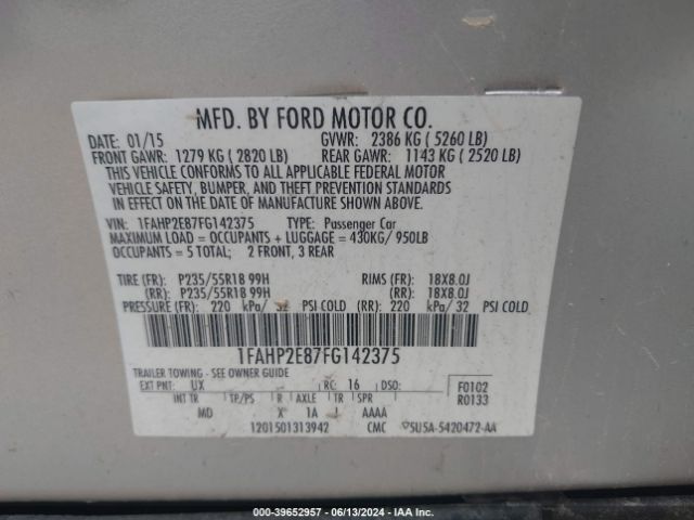 Photo 8 VIN: 1FAHP2E87FG142375 - FORD TAURUS 