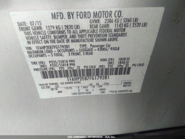 Photo 8 VIN: 1FAHP2E87FG179281 - FORD TAURUS 