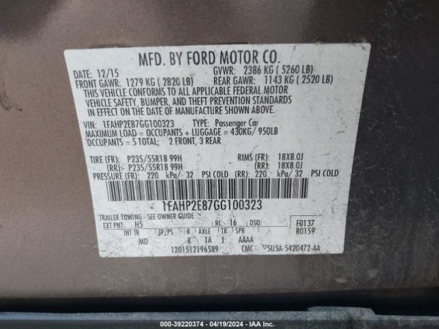 Photo 8 VIN: 1FAHP2E87GG100323 - FORD TAURUS 