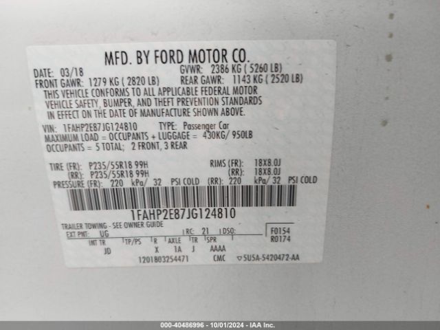 Photo 8 VIN: 1FAHP2E87JG124810 - FORD TAURUS 