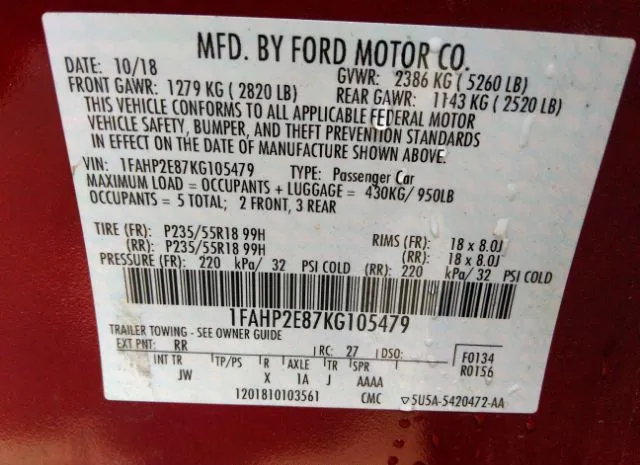 Photo 8 VIN: 1FAHP2E87KG105479 - FORD TAURUS 