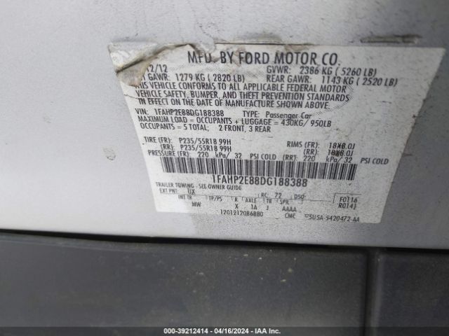 Photo 8 VIN: 1FAHP2E88DG188388 - FORD TAURUS 