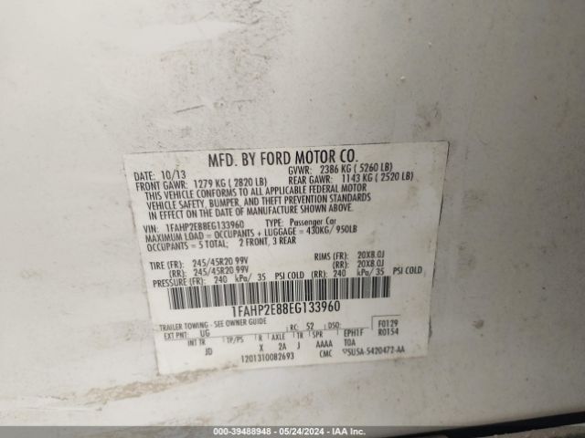 Photo 8 VIN: 1FAHP2E88EG133960 - FORD TAURUS 