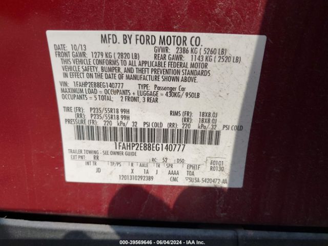 Photo 8 VIN: 1FAHP2E88EG140777 - FORD TAURUS 