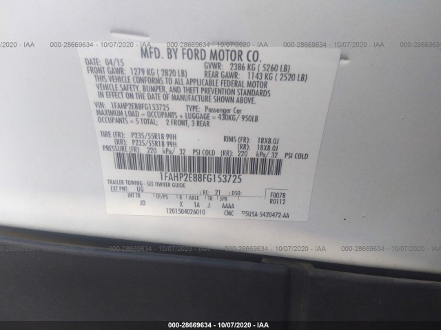 Photo 8 VIN: 1FAHP2E88FG153725 - FORD TAURUS 