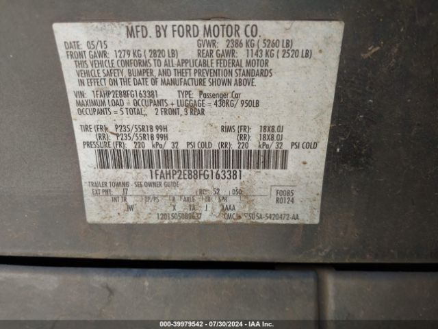 Photo 8 VIN: 1FAHP2E88FG163381 - FORD TAURUS 