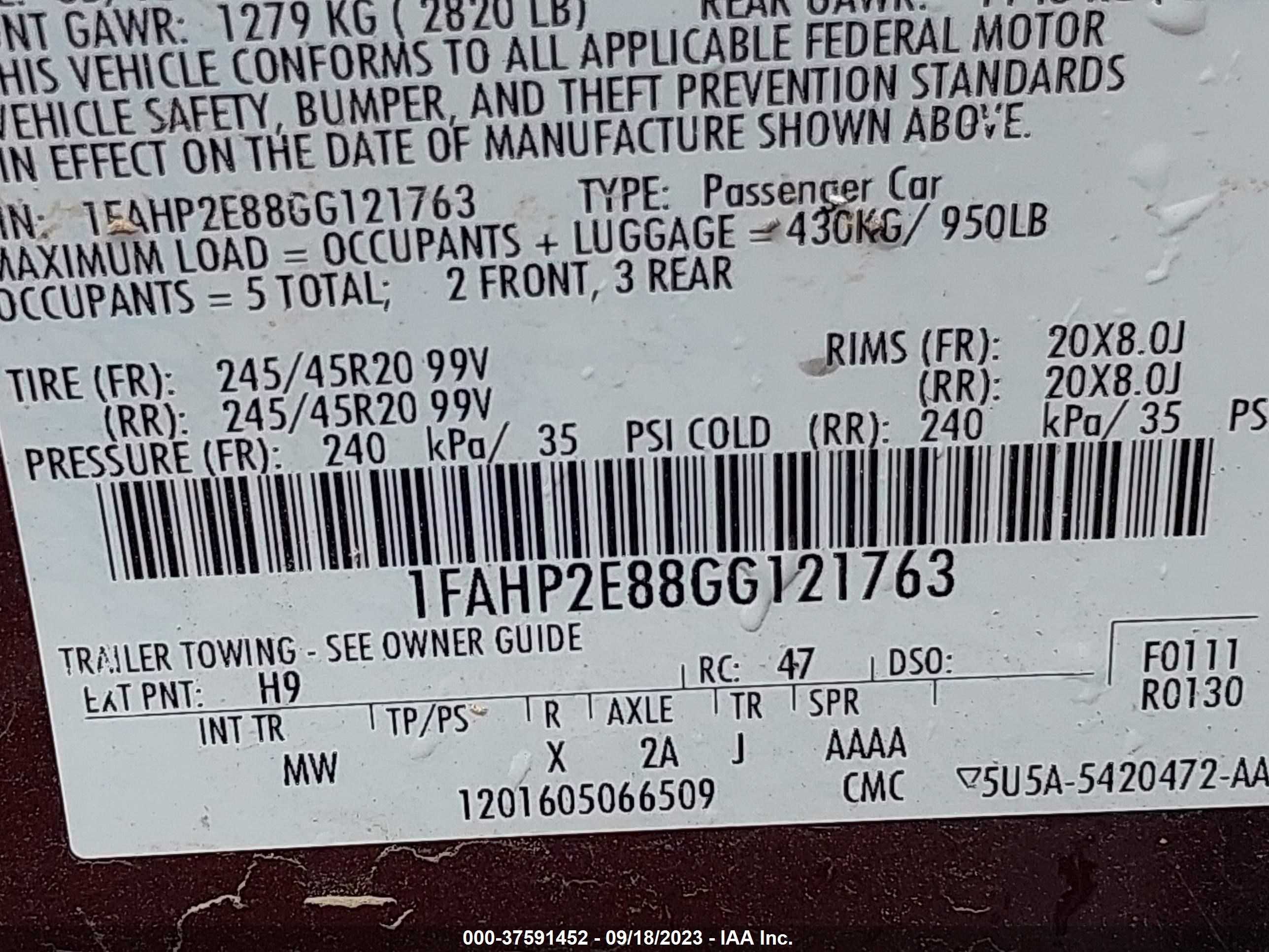 Photo 8 VIN: 1FAHP2E88GG121763 - FORD TAURUS 