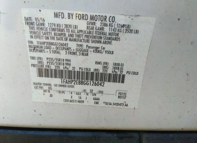 Photo 8 VIN: 1FAHP2E88GG126042 - FORD TAURUS 