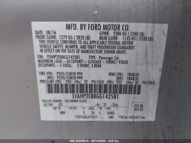 Photo 8 VIN: 1FAHP2E88GG142581 - FORD TAURUS 