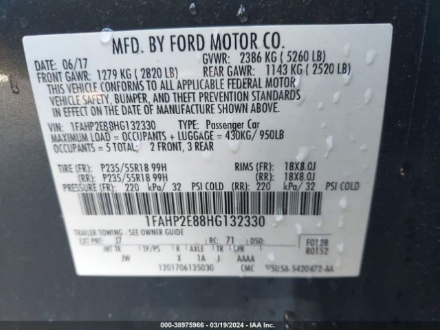 Photo 8 VIN: 1FAHP2E88HG132330 - FORD TAURUS 