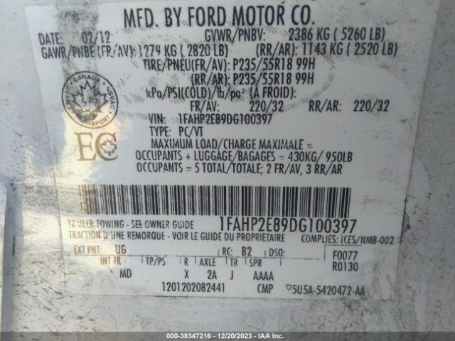 Photo 8 VIN: 1FAHP2E89DG100397 - FORD TAURUS 