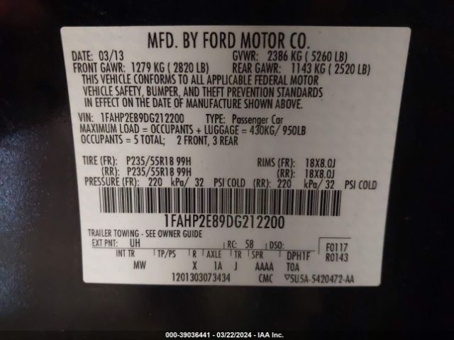 Photo 8 VIN: 1FAHP2E89DG212200 - FORD TAURUS 