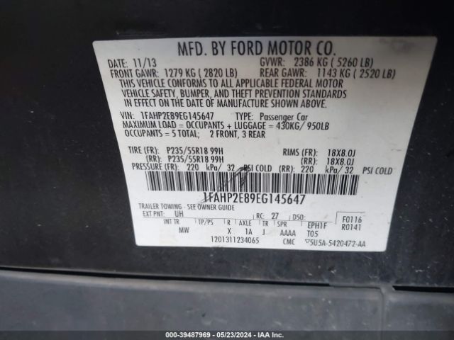 Photo 8 VIN: 1FAHP2E89EG145647 - FORD TAURUS 