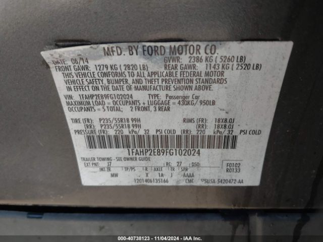 Photo 8 VIN: 1FAHP2E89FG102024 - FORD TAURUS 