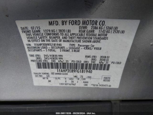 Photo 8 VIN: 1FAHP2E89FG181940 - FORD TAURUS 