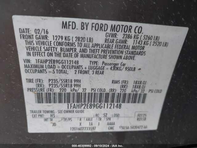 Photo 8 VIN: 1FAHP2E89GG112148 - FORD TAURUS 