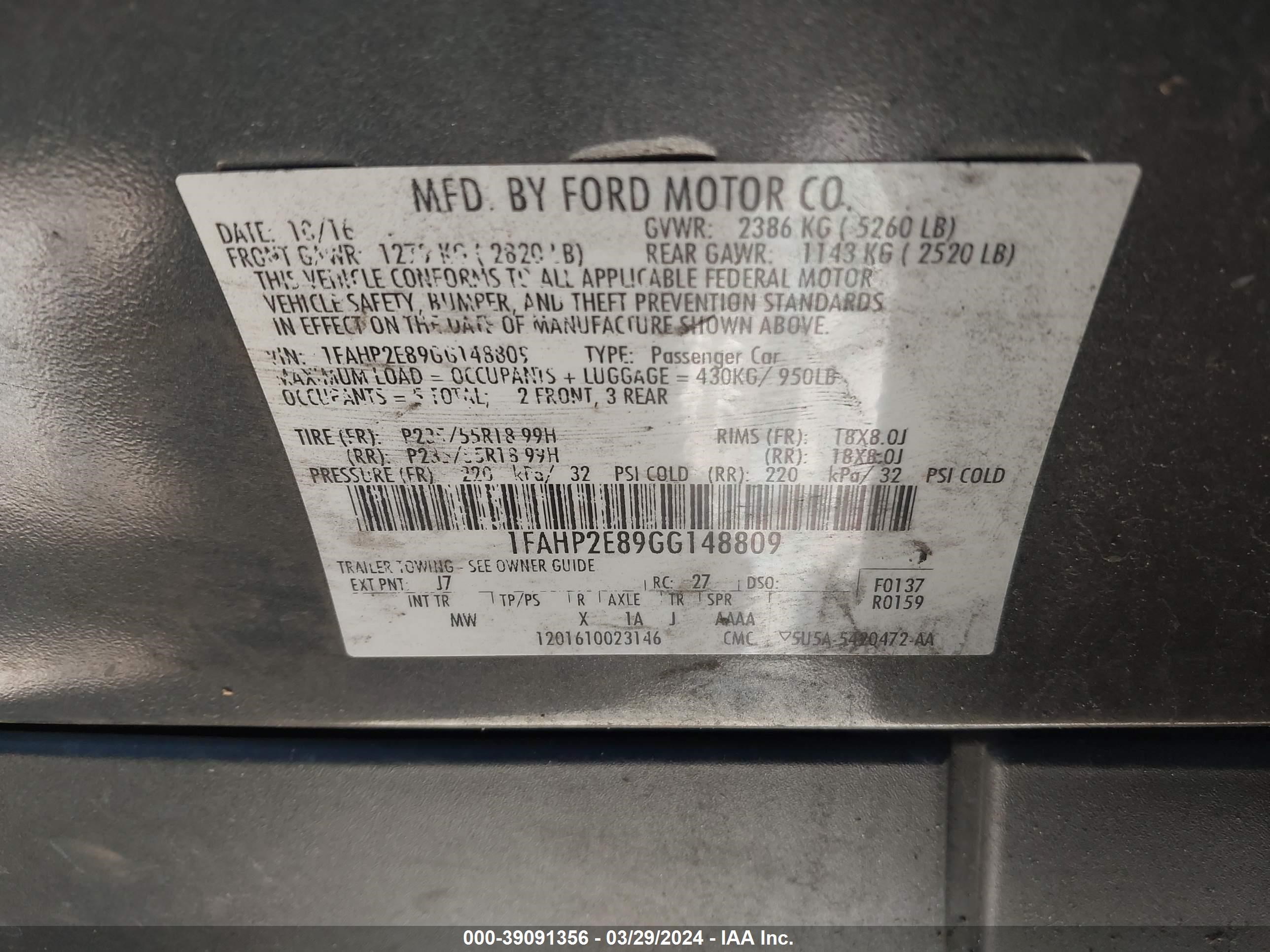 Photo 8 VIN: 1FAHP2E89GG148809 - FORD TAURUS 