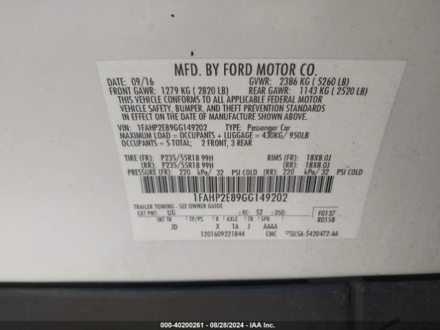 Photo 8 VIN: 1FAHP2E89GG149202 - FORD TAURUS 