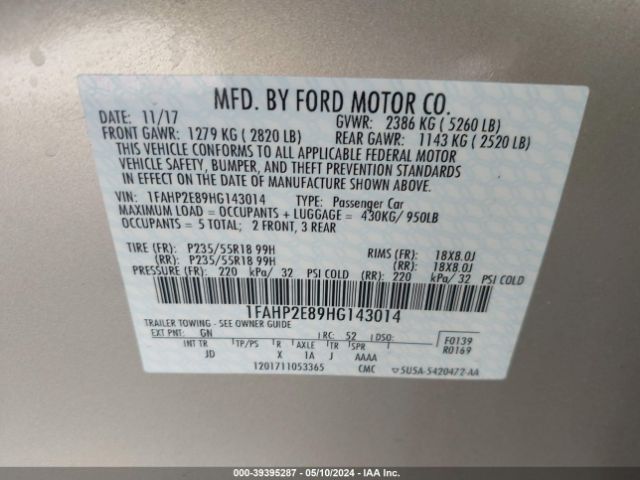 Photo 8 VIN: 1FAHP2E89HG143014 - FORD TAURUS 