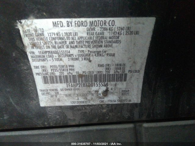 Photo 8 VIN: 1FAHP2E8XDG155554 - FORD TAURUS 