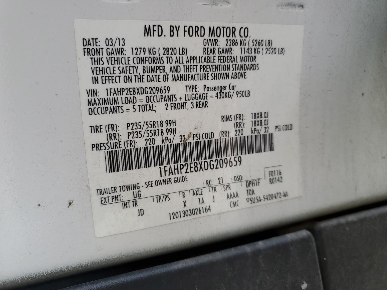 Photo 11 VIN: 1FAHP2E8XDG209659 - FORD TAURUS 