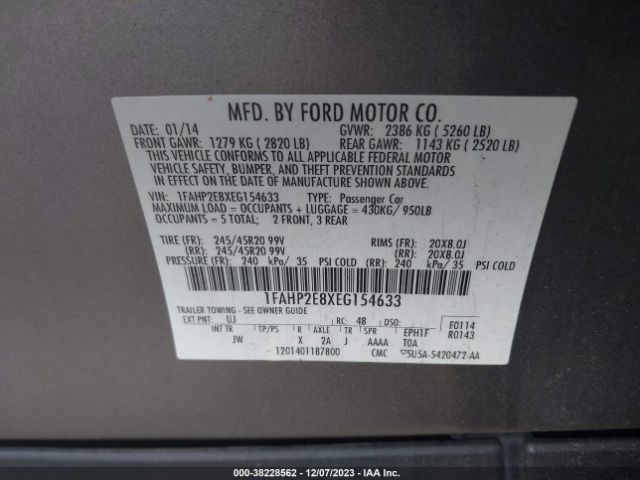 Photo 8 VIN: 1FAHP2E8XEG154633 - FORD TAURUS 