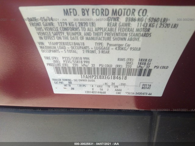 Photo 8 VIN: 1FAHP2E8XEG184618 - FORD TAURUS 