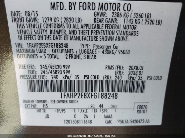 Photo 8 VIN: 1FAHP2E8XFG188248 - FORD TAURUS 