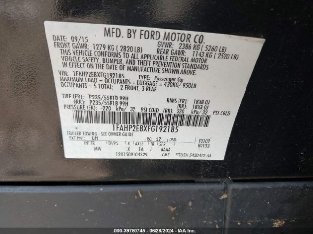 Photo 8 VIN: 1FAHP2E8XFG192185 - FORD TAURUS 