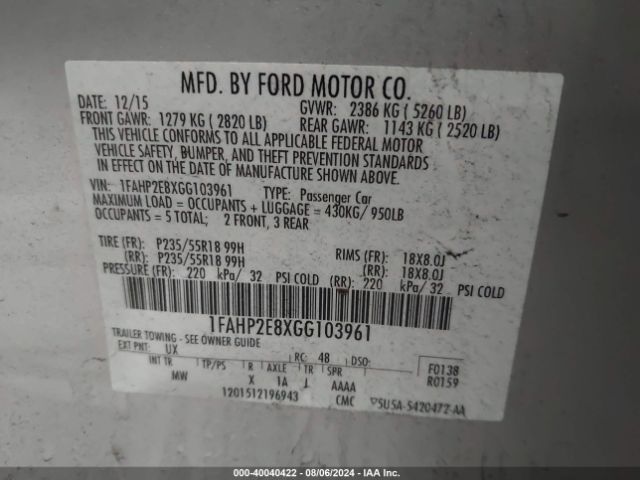 Photo 8 VIN: 1FAHP2E8XGG103961 - FORD TAURUS 