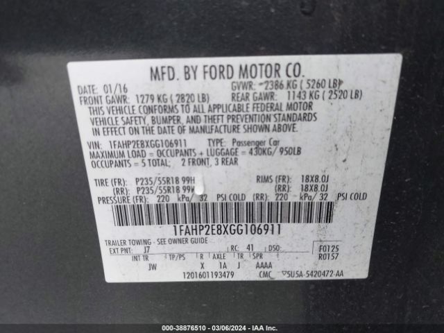 Photo 8 VIN: 1FAHP2E8XGG106911 - FORD TAURUS 