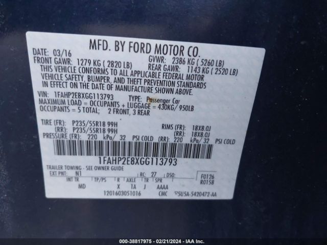 Photo 8 VIN: 1FAHP2E8XGG113793 - FORD TAURUS 