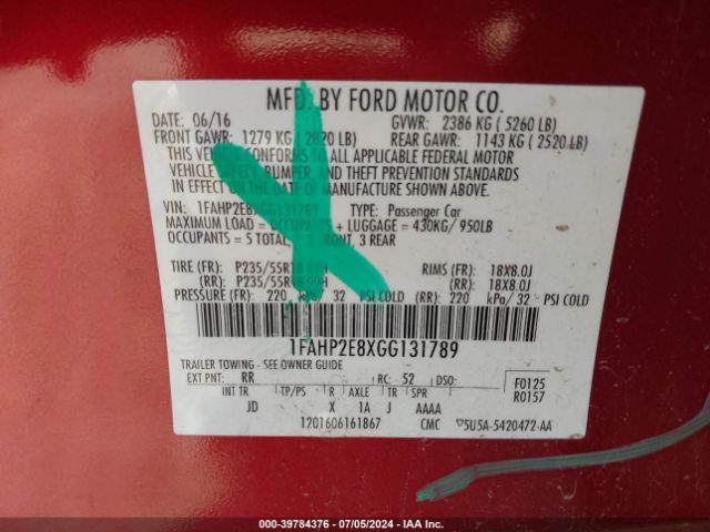 Photo 8 VIN: 1FAHP2E8XGG131789 - FORD TAURUS 