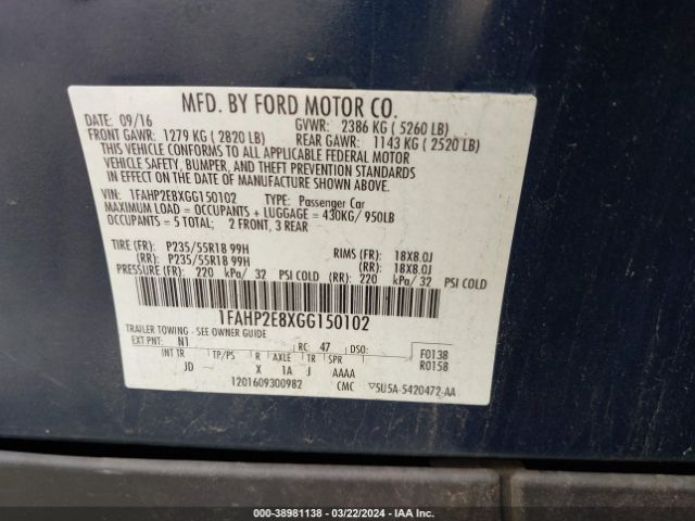 Photo 8 VIN: 1FAHP2E8XGG150102 - FORD TAURUS 