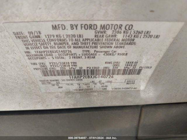 Photo 8 VIN: 1FAHP2E8XJG140726 - FORD TAURUS 