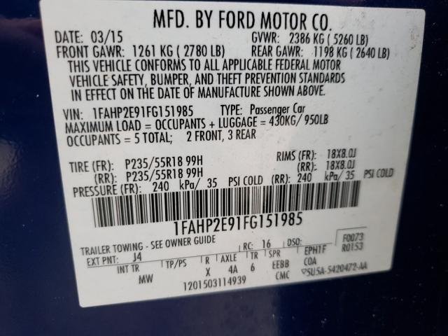 Photo 9 VIN: 1FAHP2E91FG151985 - FORD TAURUS SEL 