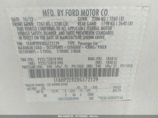 Photo 8 VIN: 1FAHP2E92DG172129 - FORD TAURUS 