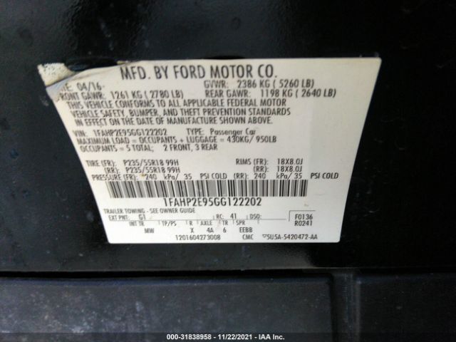 Photo 8 VIN: 1FAHP2E95GG122202 - FORD TAURUS SEL 