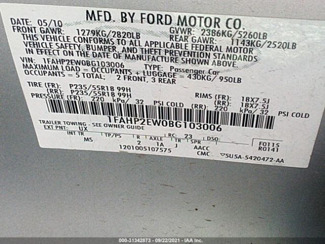 Photo 8 VIN: 1FAHP2EW0BG103006 - FORD TAURUS 