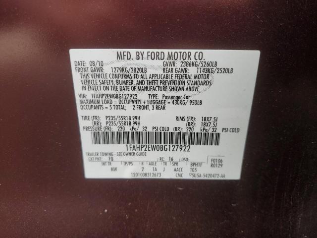 Photo 11 VIN: 1FAHP2EW0BG127922 - FORD TAURUS SEL 