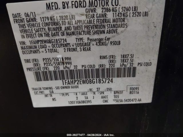 Photo 8 VIN: 1FAHP2EW0BG185724 - FORD TAURUS 