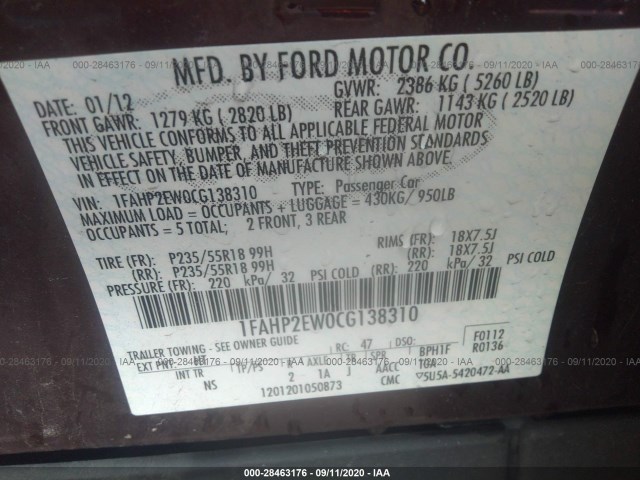 Photo 8 VIN: 1FAHP2EW0CG138310 - FORD TAURUS 