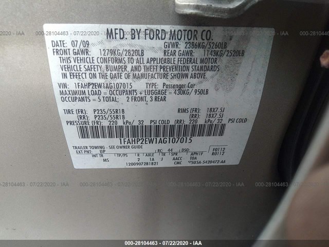 Photo 8 VIN: 1FAHP2EW1AG107015 - FORD TAURUS 