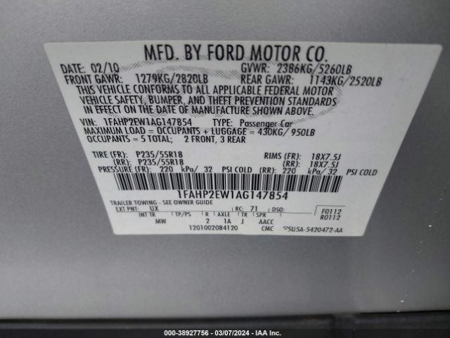 Photo 8 VIN: 1FAHP2EW1AG147854 - FORD TAURUS 