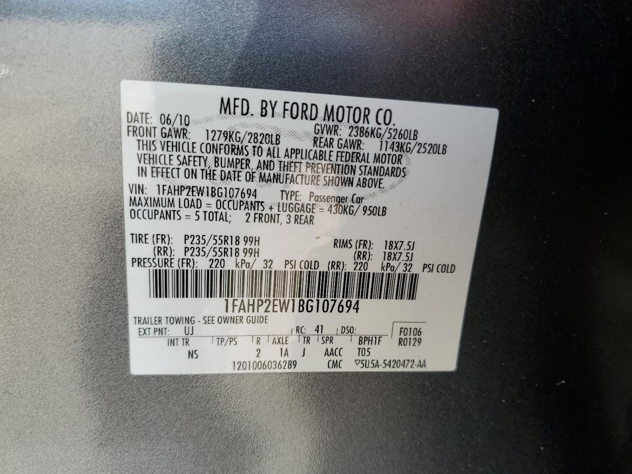 Photo 12 VIN: 1FAHP2EW1BG107694 - FORD TAURUS 