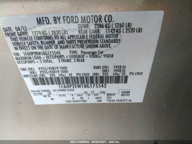 Photo 8 VIN: 1FAHP2EW1BG175543 - FORD TAURUS 