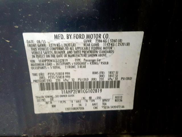 Photo 9 VIN: 1FAHP2EW1CG102819 - FORD TAURUS SEL 